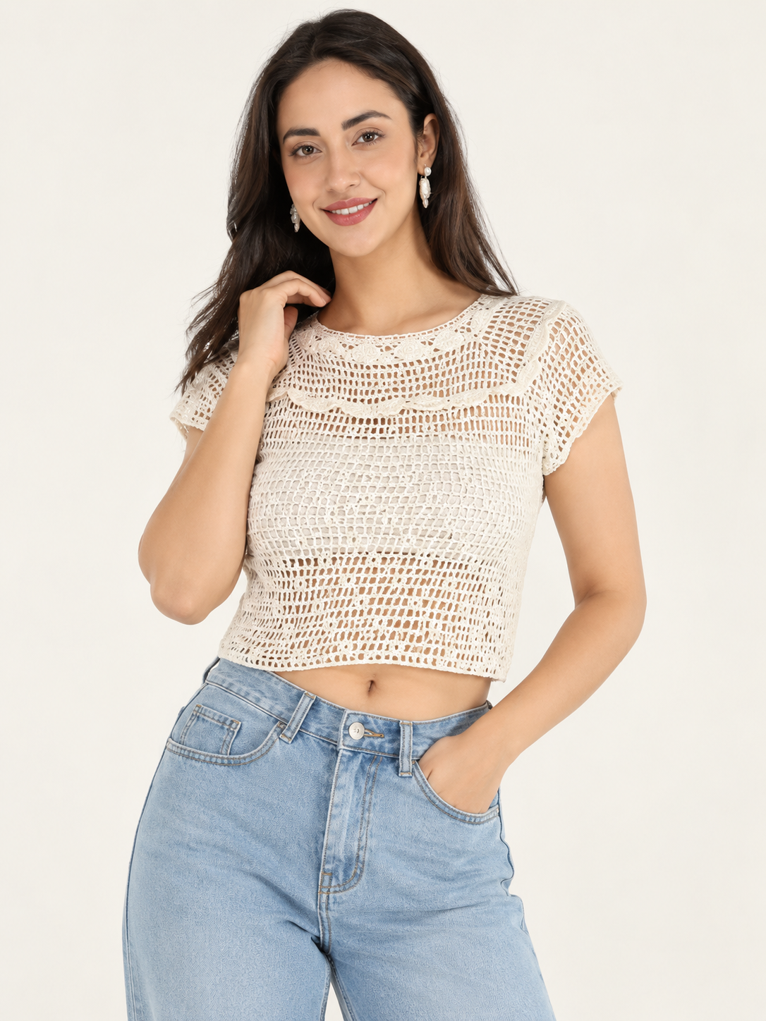 Women’s White Embroidered Crochet Neckline Crop Top view 1