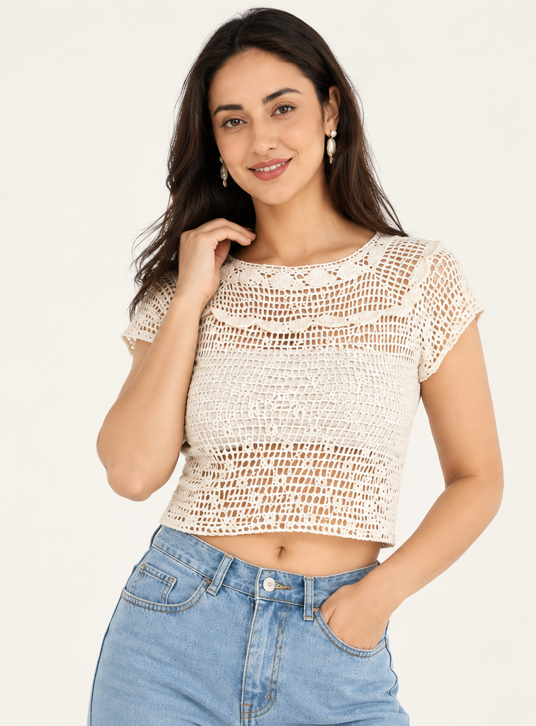 Women’s White Embroidered Crochet Neckline Crop Top view 3