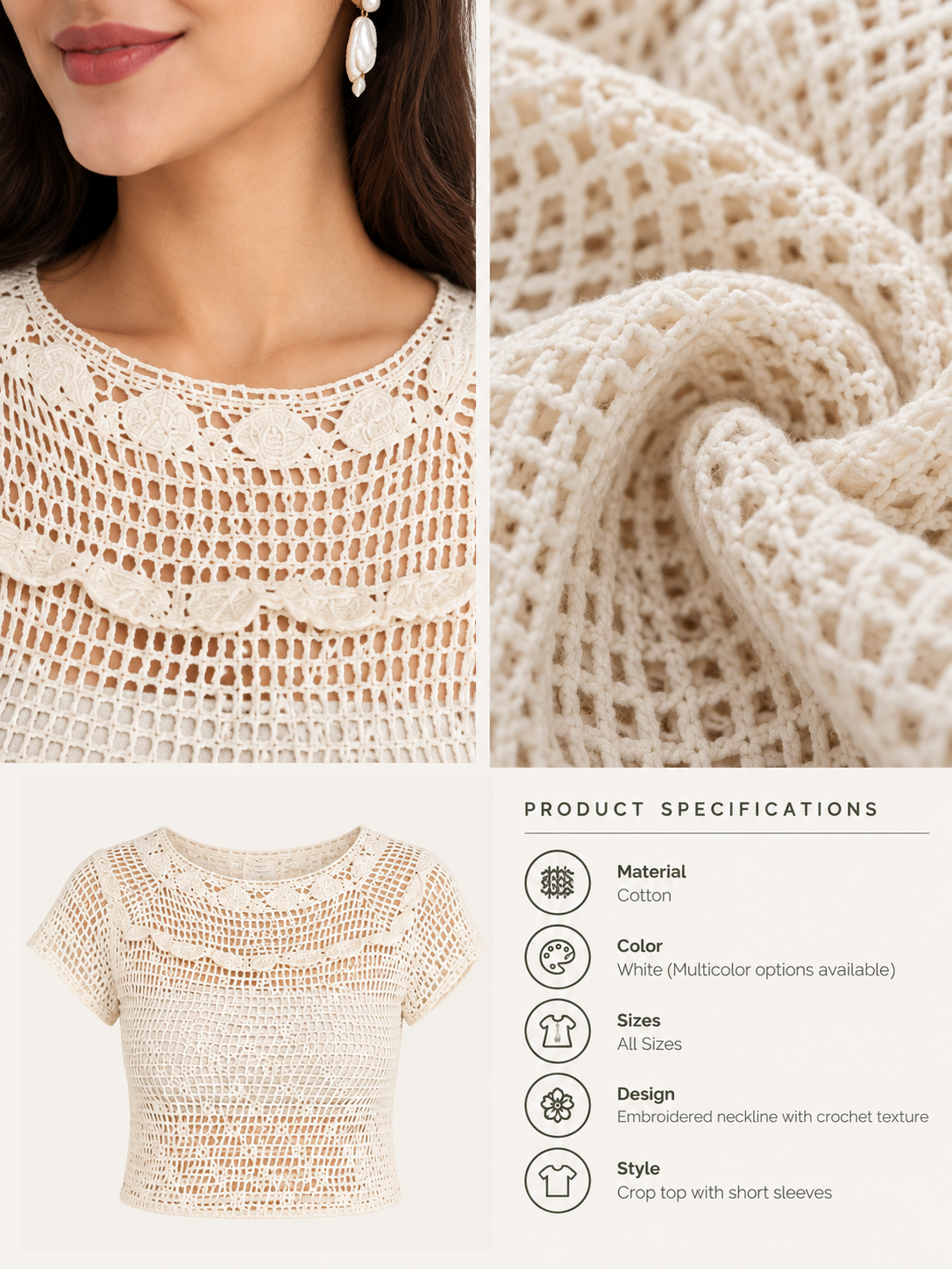 Women’s White Embroidered Crochet Neckline Crop Top view 5